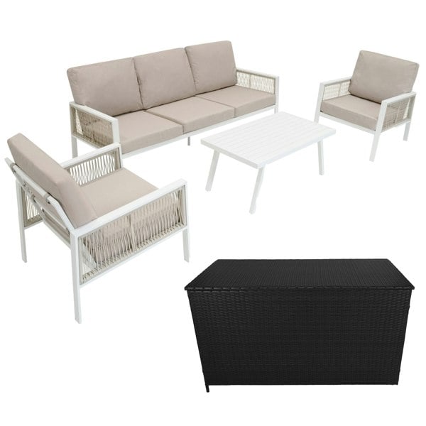 Jardi Aluminium 4 Piece Sofa Set with Black Rattan Storage Box - White