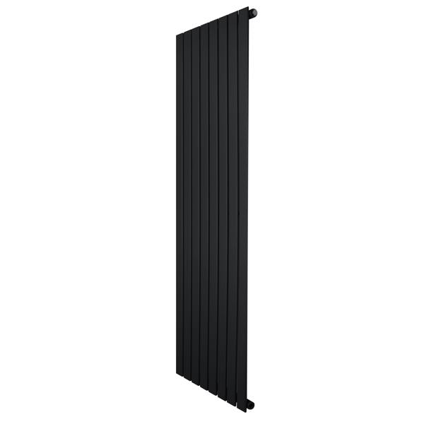 Flat single column radiator in sleek black finish, measuring 1600 x 560mm, featuring vertical slats for modern heating design
