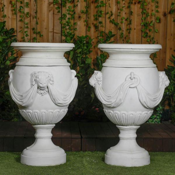 Pair of Extremely Large Draped Lion Head Garden Urns 