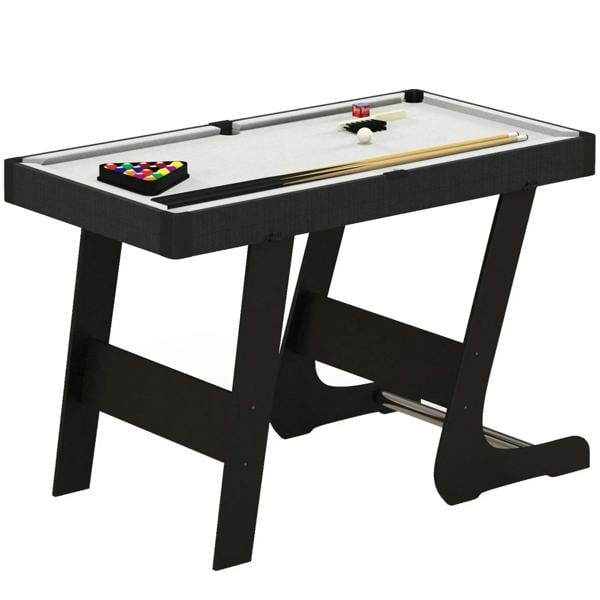 Grey folding pool table with two cue sticks and ball set on light playing surface.