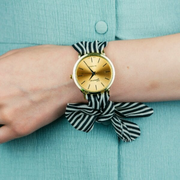 The Colourful Aura Brown Stripe Cloth Changeable Cotton Tie Knot Strap Geneva Boho Wristwatch - Black