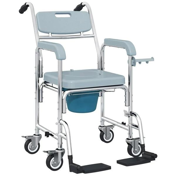 Grey rolling shower wheelchair with commode bucket, padded seat, armrests, locking wheels