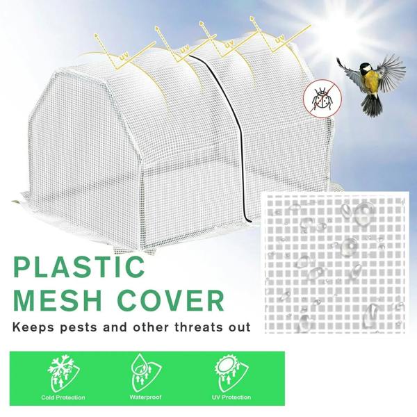 Mini greenhouse with white plastic mesh cover and green arched frame, closed end