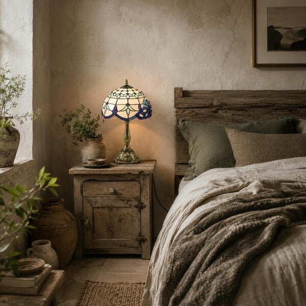 Wyld Haus Repatto Glass And Metal Blue Handcrafted Stained Glass Table Lamp