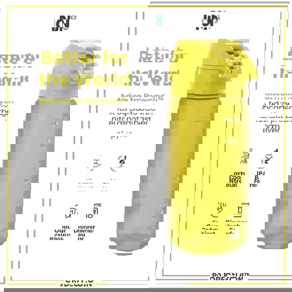 A yellow water bottle sits against a white background; it is made from a plant-based polymer and features measurement markings and a QR code. The bottle is advertised as carbon neutral, BPA free, odour resistant and dishwasher safe.