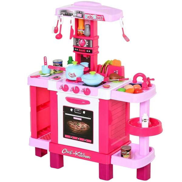 Pink kids kitchen play set with stove, oven door, pots, pans, and utensils.
