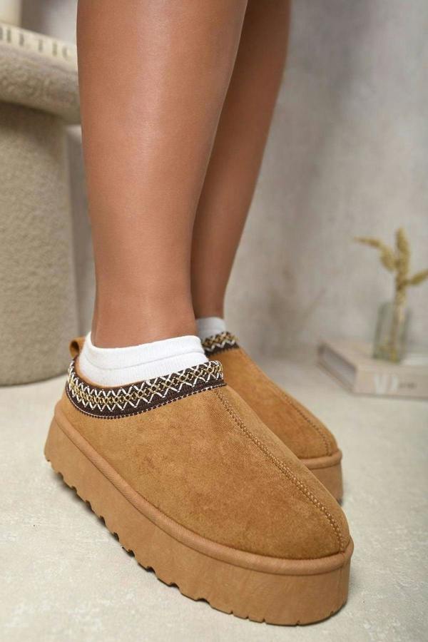 Jolene Aztec Detail Low Ankle Platform Slipper Boots - Chestnut