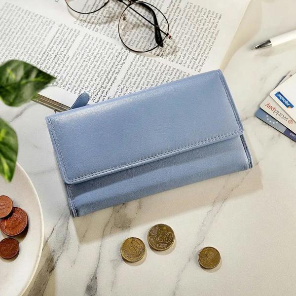 Blue wallet on a marble surface with coins and reading material