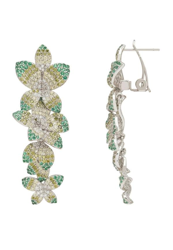 Dazzling flower-shaped earrings with green and clear gemstones on a white background