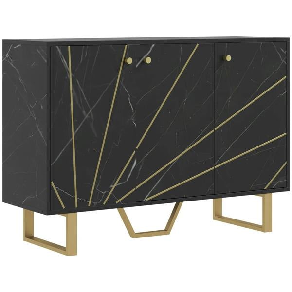 Black marble-tone sideboard cabinet with gold line fronts and metal legs