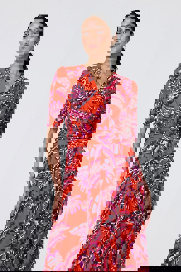Orange | Tropical Print Faux Wrap Midi Dress