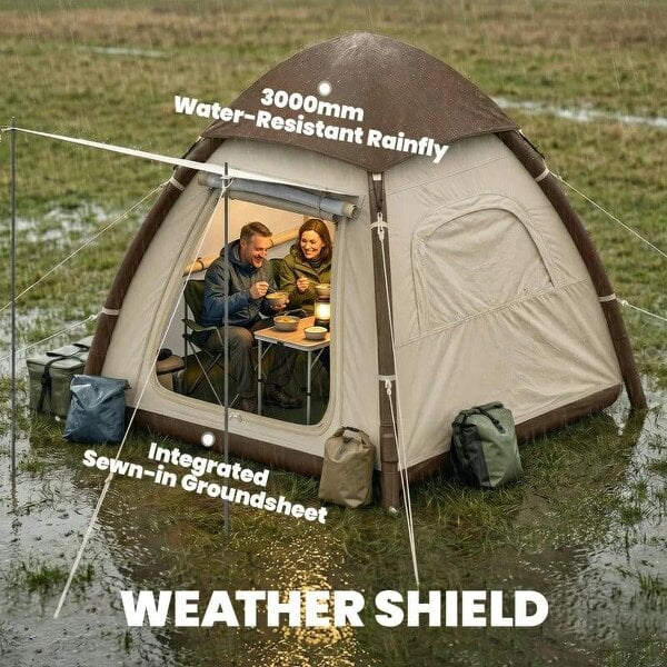 Inflatable Camping Tent with Rainfly, 2-3 Man Air Tent 3000mm Waterproof Blow Up Tents, Cream