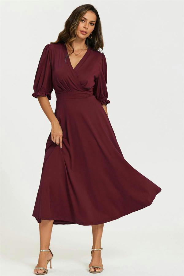 FS Collection Half Sleeves Jersey Midi Dress with Wrap Neckline In Wine