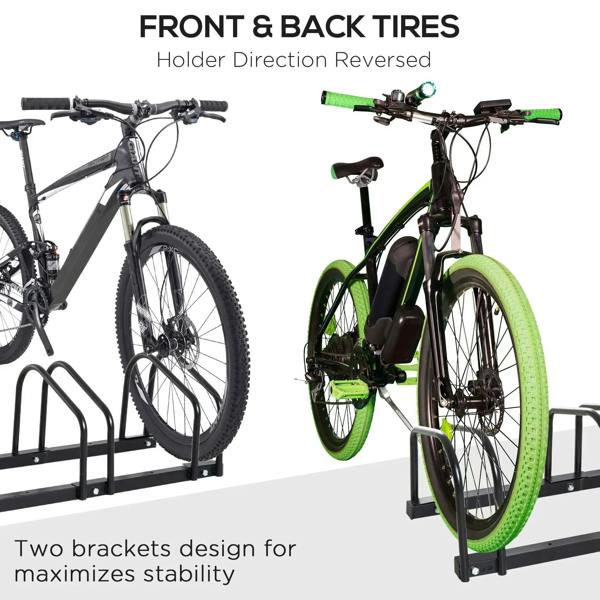 Black bike parking rack with six U-shaped holders for bicycle tires