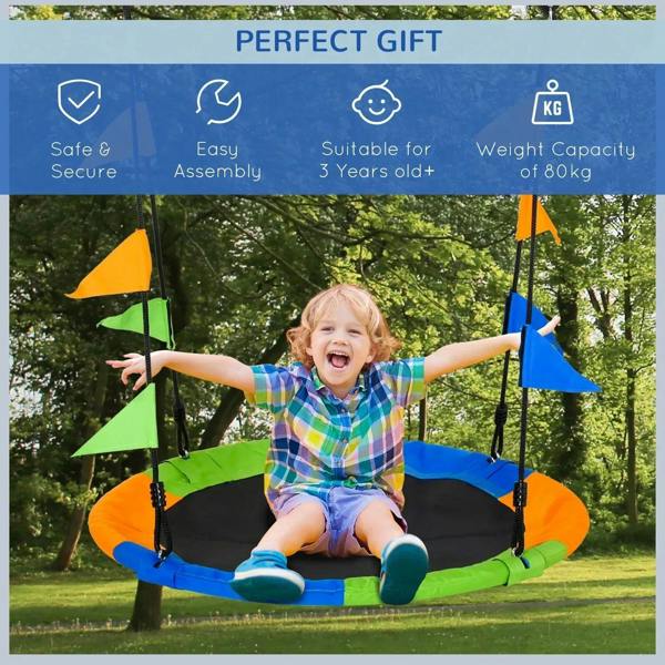 Colorful saucer swing seat with four hanging ropes and orange, blue, green fabric flags