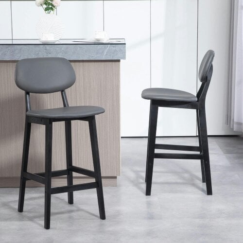 Wyld Haus Lavidiel Faux Leather Dark Grey Bar Stools Set Of 2 With Back Support And Wood Legs