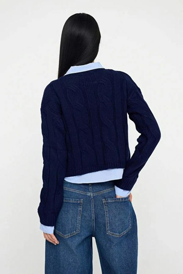WOVCOR Cropped Knit Sweater with Shirt Panel Detail
