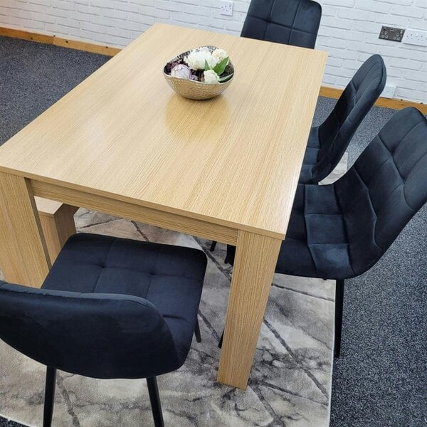 KOSY KOALA 6 Seater Modern Light Wood Dining Table Set with 4 Black Velvet Chairs and Bench  H75 x L140 x W80 cm