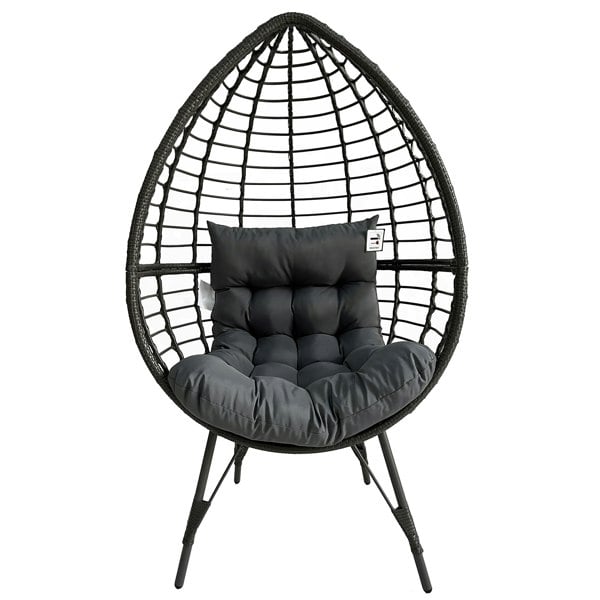 Furniture One Rattan Standing Egg Chair, Patio Weave Cocoon Seat with Removable Water-Resistant Cushions, Metal Waterproof Frame Stand