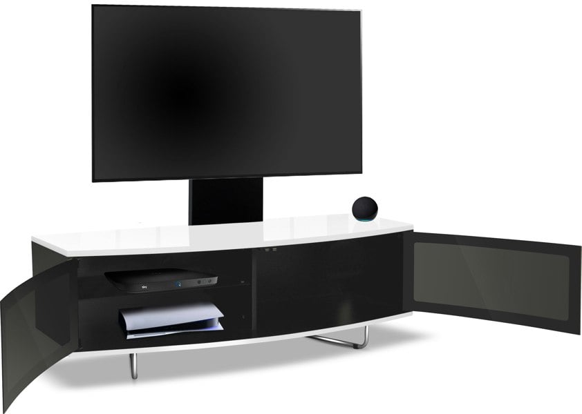 Centurion Supports Caru Black White Beam-Thru Remote Friendly Super-Contemporary D Shape Design 32"-65" LED/OLED/LCD TV Cabinet with Mounting Arm