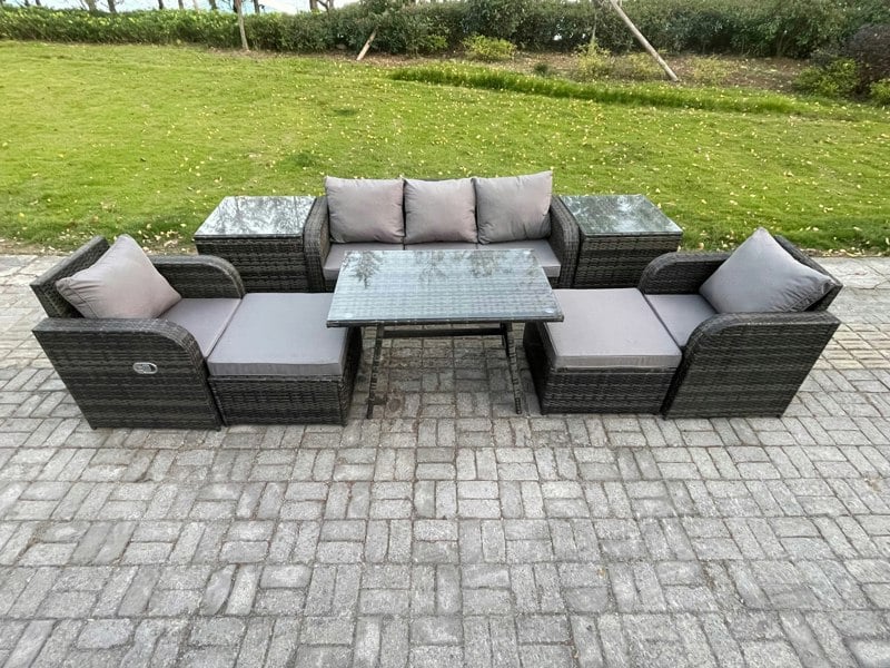 Fimous Outdoor Garden Furniture Sets 8 Pieces Wicker Rattan Furniture Sofa Sets with Rectangular Dining Table 2 Big Footstool 2 Side Tables