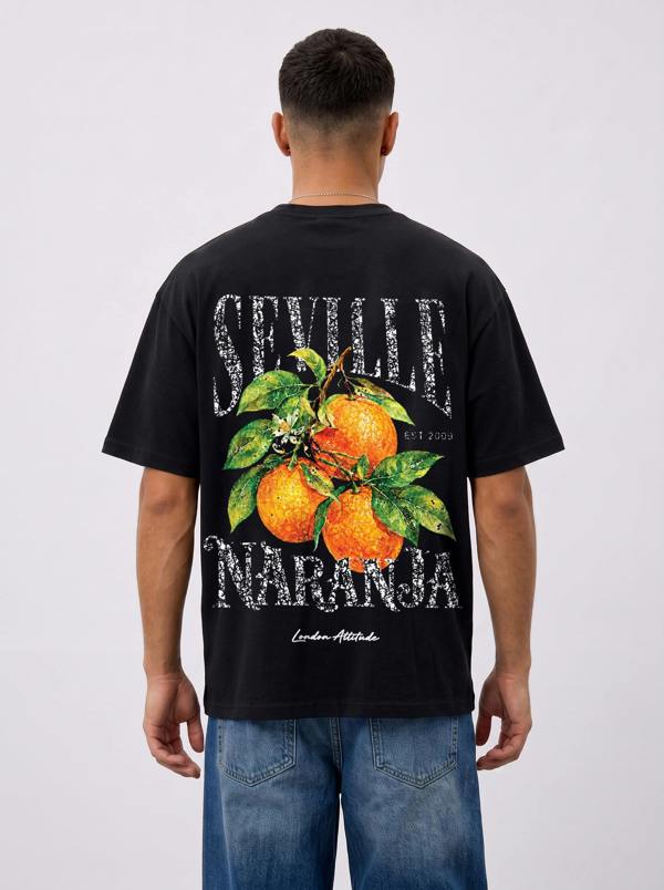 London Attitude Black  Oversized Seville Orange Printed T-Shirt