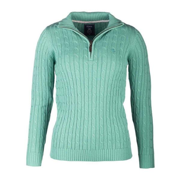 Rydale Emma Quarter Zip Cable Knitwear in Mint Green featuring a cotton-rich cable knit and quarter zip
