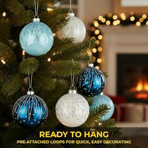 8cm Glass Christmas Baubles Set, Blue and White, 12 Pack with 3 Assorted Designs image 4
