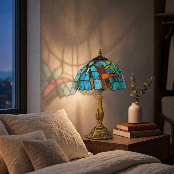 Tiffany Stained Glass Table Lamp, Handmade Antique Bedside Lamp for Bedroom, Living Room, Nightstand, Green