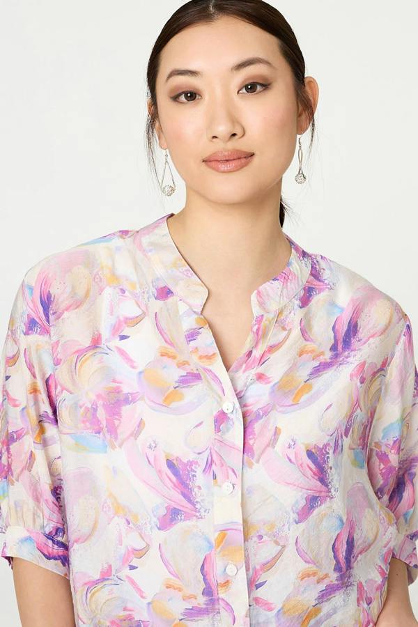 Pink | Abstract Curve Hem 3/4 Sleeve Blouse
