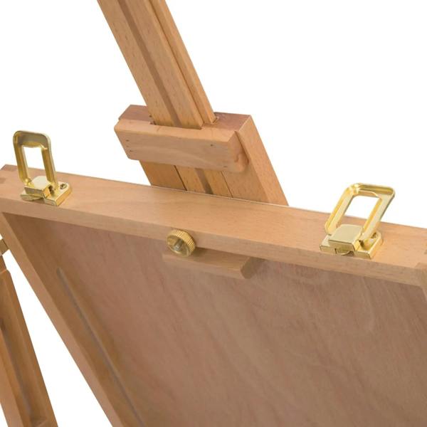 Wooden easel top rail with gold corner clamps and brass mounting hardware