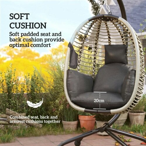 Bobobiy Outdoor Swing Chair with Thick Padded Cushion, Patio Hanging Egg Chair with Metal Stand, Foldable Basket, Rope Structure, Dark Grey