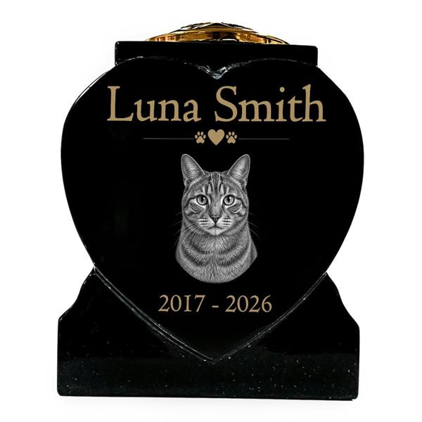 Memorials Direct Cat Memorial Granite Heart-Shaped Photo Vase