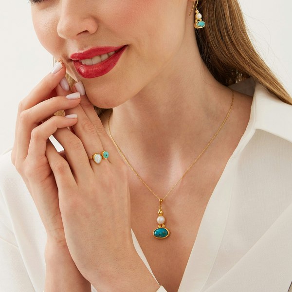 Spero London Turquoise Authentic Pendant and Earrings Sterling Silver Gold Plated Set