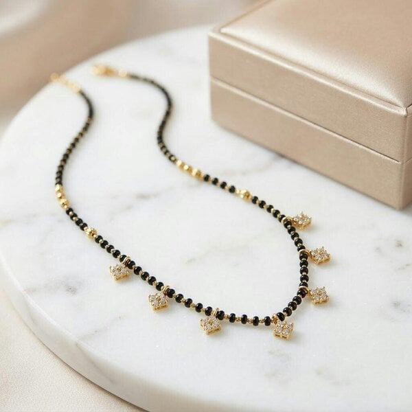 The Colourful Aura Modern Graduated Diamond Charm Black Beaded 18ct Gold Plated Mangalsutra Necklace