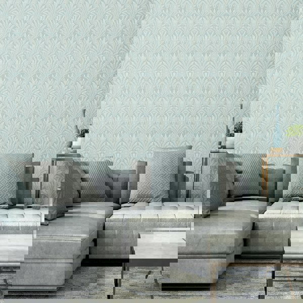 Hoopla Walls Leaf Fan - Duck Egg Blue 10m Wallpaper