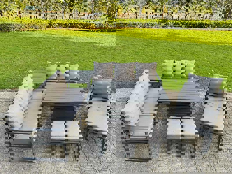 Fimous 10 Seater Aluminium Garden Furniture Set with Adjustable Rising Dining Table, 3 Footstools, Side Table - Dark Grey