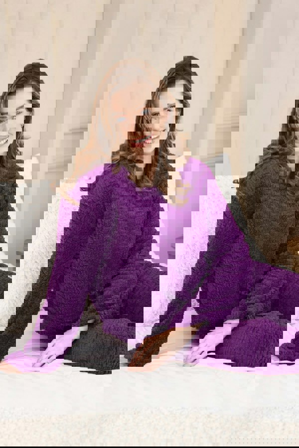 Camille Womens Purple Supersoft Fleece Textured Woven Pattern Pyjama Set