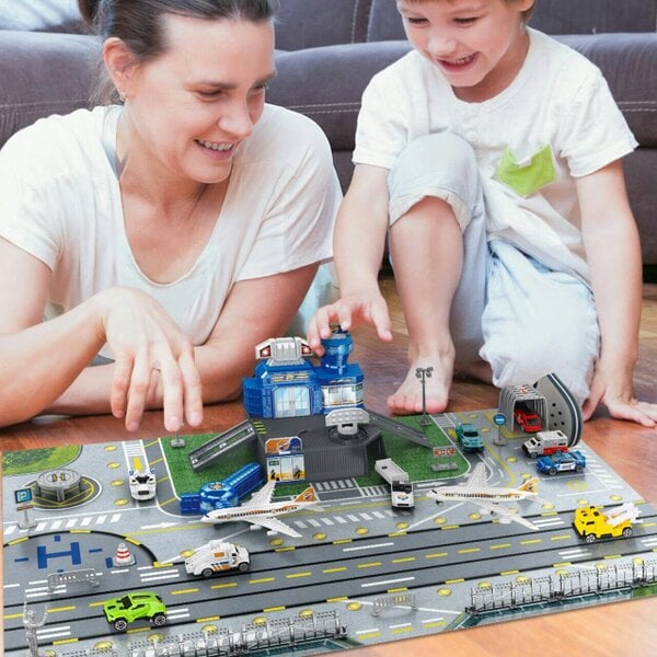 deAO Toys Aircraft Track Toy Aircraft Toy Set Includes Truck, Helicopter, Plane, Fire Truck, Racing Car and Airport Play Map