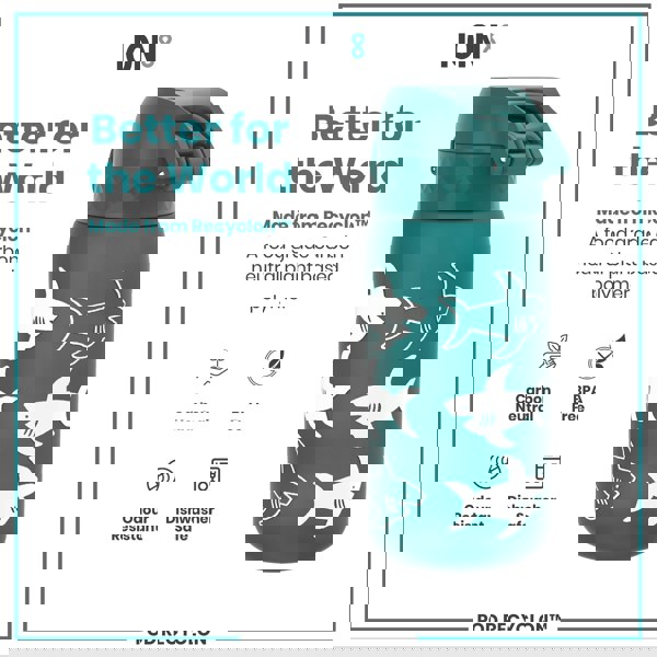 A teal water bottle, featuring a hinged lid and shark illustrations, sits against a white background. It's made from a plant-based polymer, is BPA-free, odour-resistant, and dishwasher safe. The bottle is advertised as "Better for the World."