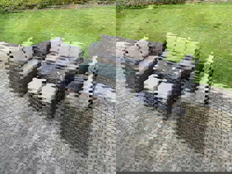 Fimous 9 Seater Dark Grey PE Wicker Rattan Garden Furniture Set Reclining Chair Love Seat 3 Seater Sofa Set Outdoor Rectangular Coffee Table Stools