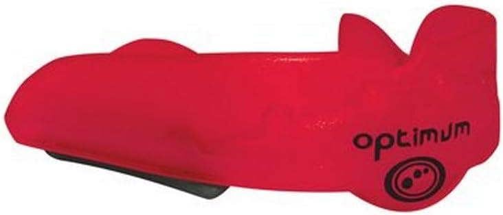 Red Optimum Matrix mouthguard, side profile view with black logo, on white background - Optimum