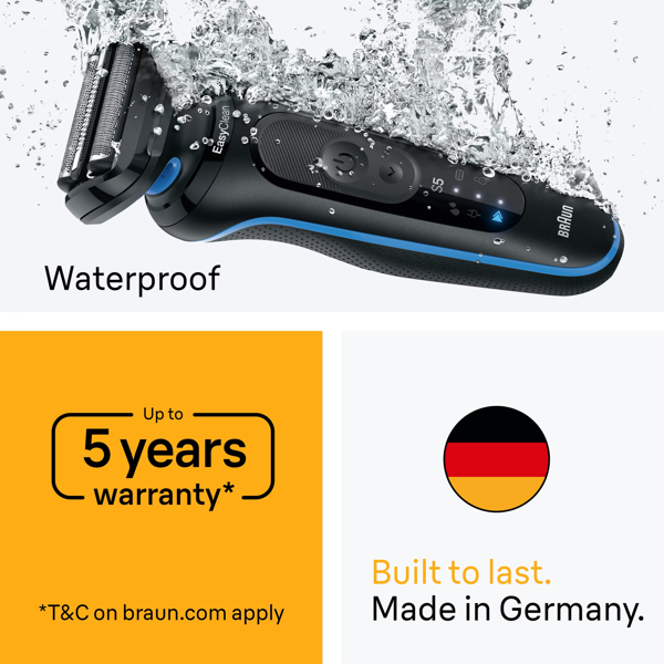 Braun Series 5 52-B1650S Electric Shaver, Up to 50 min, +2 Attachments - Blue