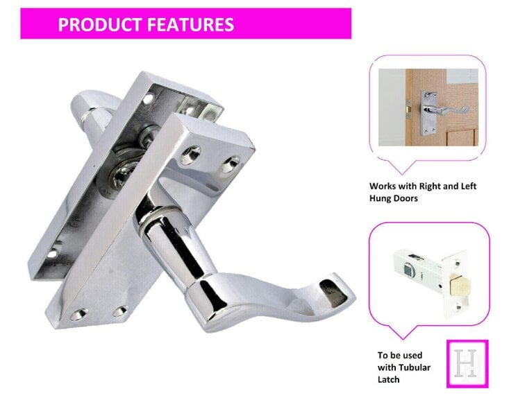 EDH Door Hardware Polished Chrome Victorian Scroll Door Handles – Lever Latch on Backplate – Pack of 4 Pairs