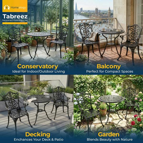 Homeology TABREEZ Garden and Patio Table and 2 Large Chairs with Armrests Cast Aluminium Bistro Set - Black