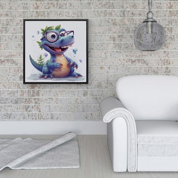 Warren Reed Happy Dinosaur With Glasses Framed Canvas