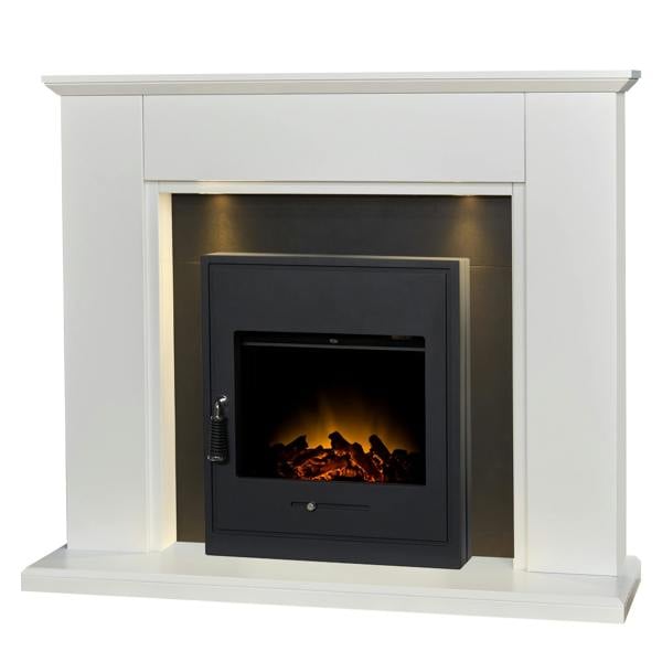 Adam Eltham Fireplace in Pure White & Black with Downlights & Oslo Electric Fire in Black, 45 Inch