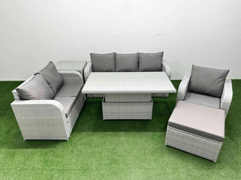 Fimous 7 Seater Rattan Lounge Set Outdoor Furniture, Adj Height Table, Reclining Chair, Loveseat, 3 Seater Sofa, Big Footstool & Side Table Light Grey