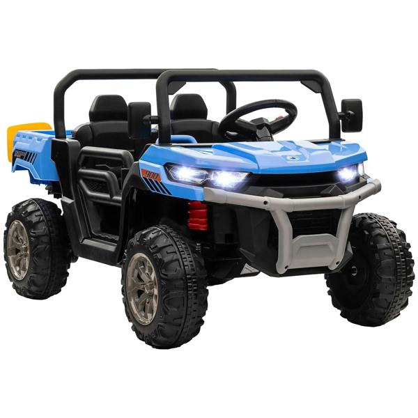 Blue two-seat kids electric ride-on car with steering wheel and front headlights