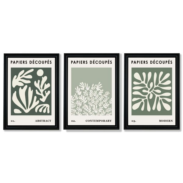 Matisse Floral Set of 3 in Green and Sage Framed Art Prints with Vermeer Black Frames